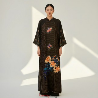 Áo dài lụa thái thêu hoa Ly màu nâu/đen